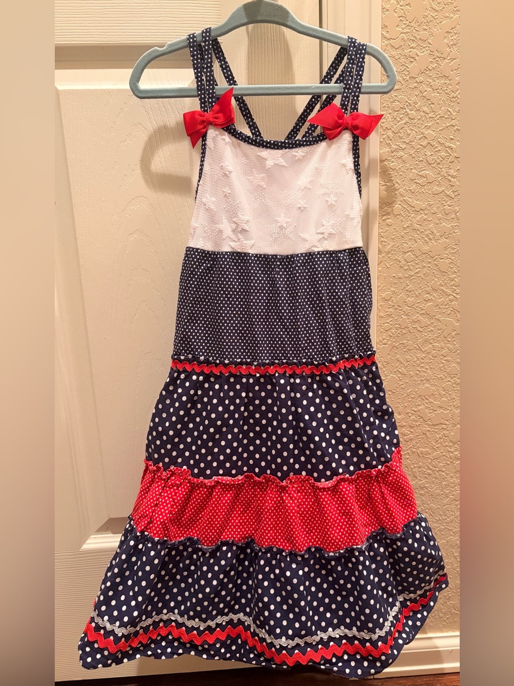 Youngland Navy, White & Red Polka Dot Tiered Dress with Bows